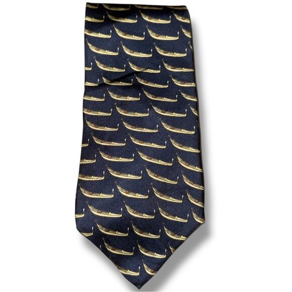 FABRIS VENEZIA men’s 100% silk tie blue with gondola pattern made in Italy - Picture 1 of 8